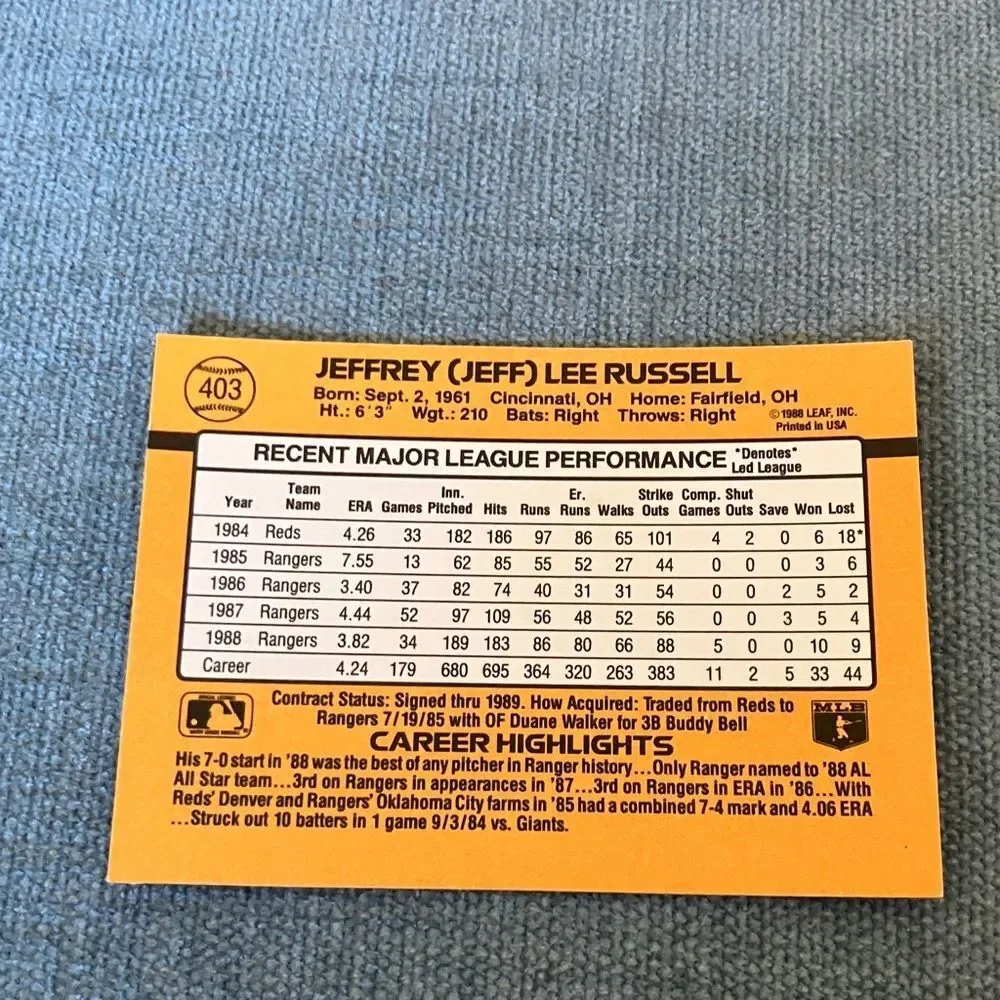 1989 Donruss Texas Rangers Baseball Card Trading Card